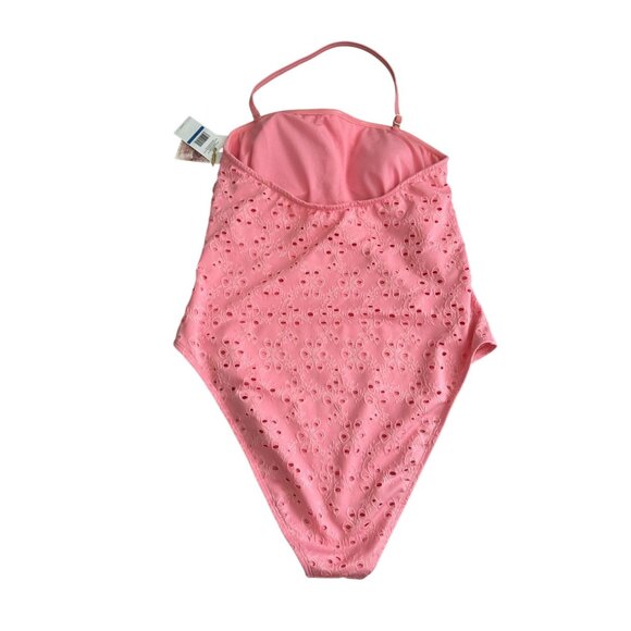 JESSICA SIMPSON Geranium Petal Pink Eyelet Halter One Piece Swimsuit Bathing Sui - Picture 3 of 7